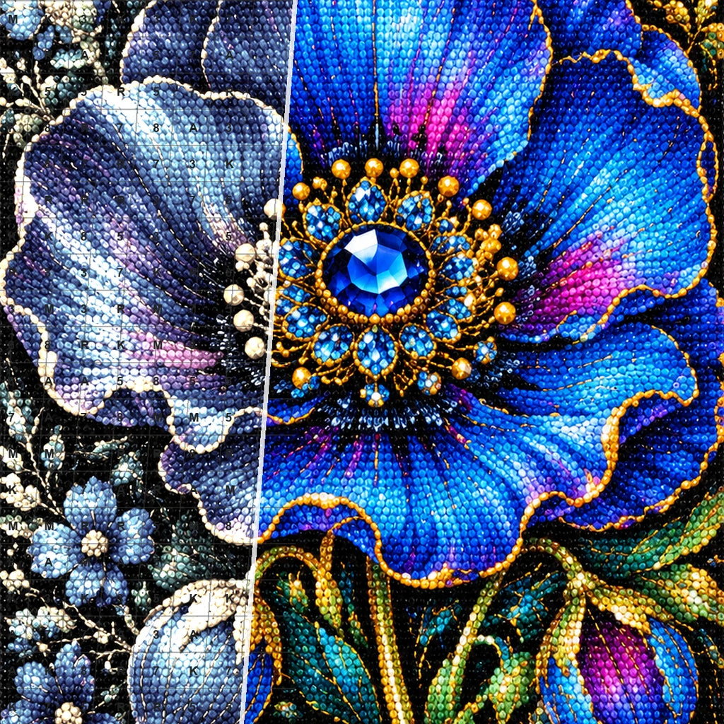 Royal Blue Poppy Bloom Diamond Painting Kit — Diamond and canvas detail