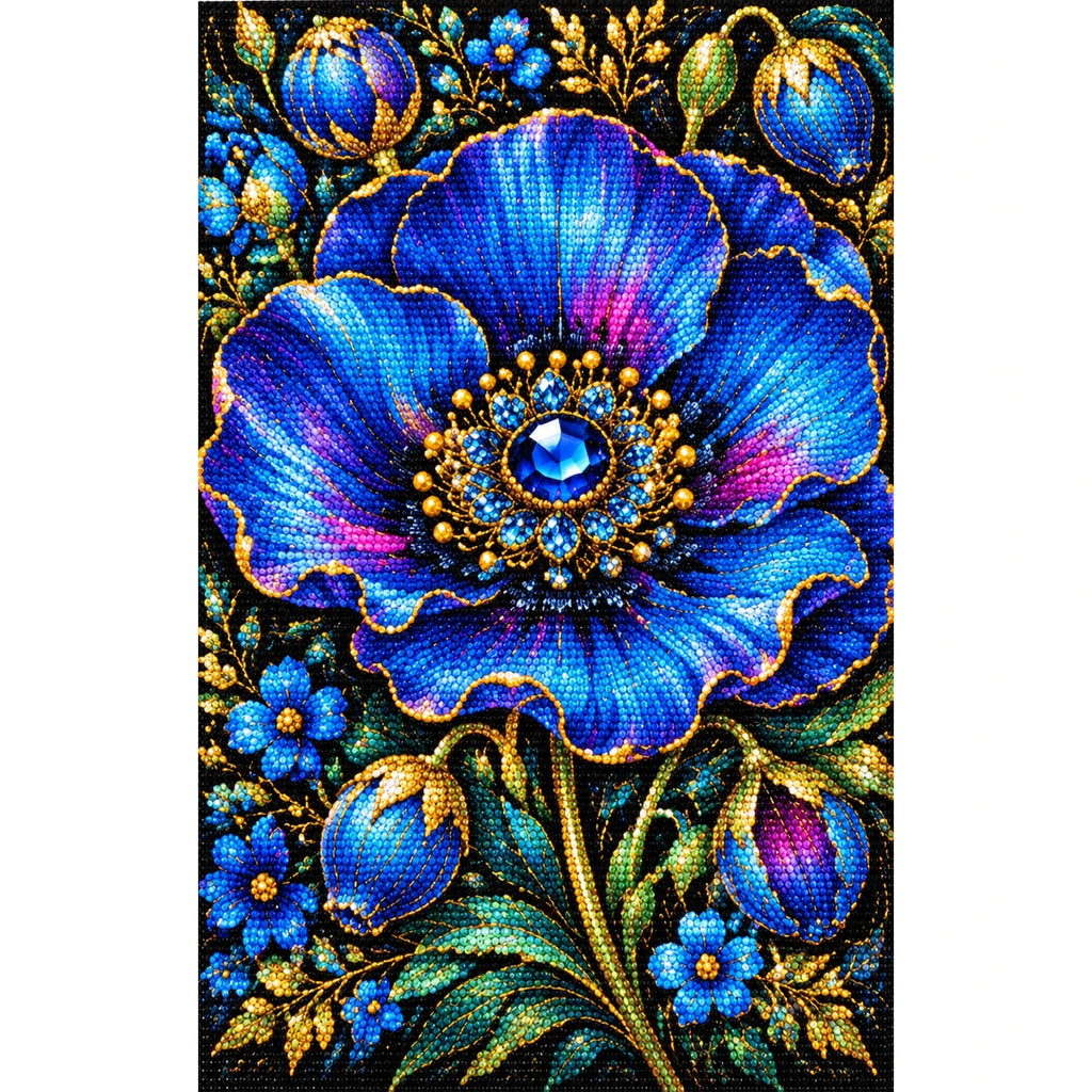 Royal Blue Poppy Bloom Diamond Painting Kit — Finished white-background diamond painting