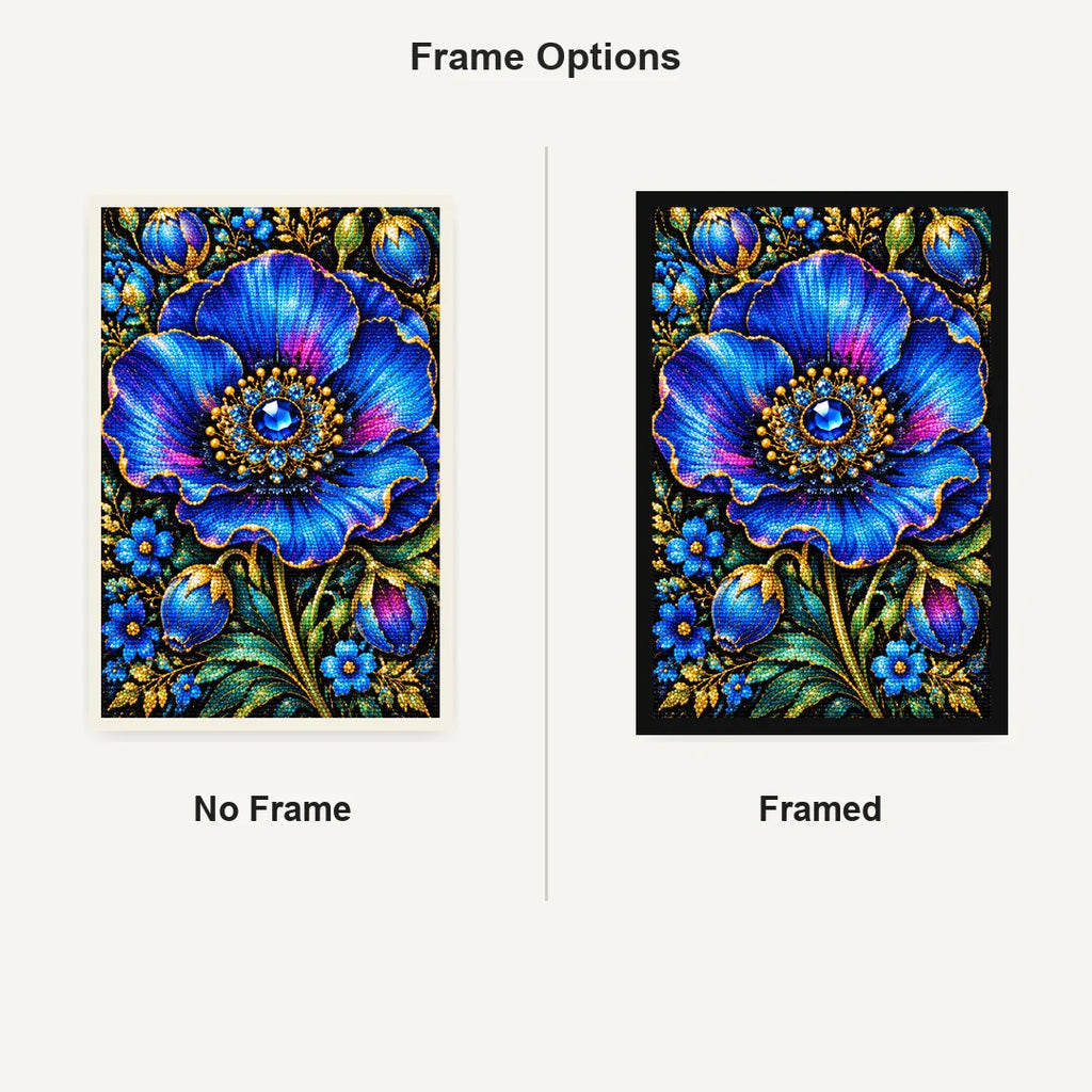 Royal Blue Poppy Bloom Diamond Painting Kit — No Frame and Framed comparison