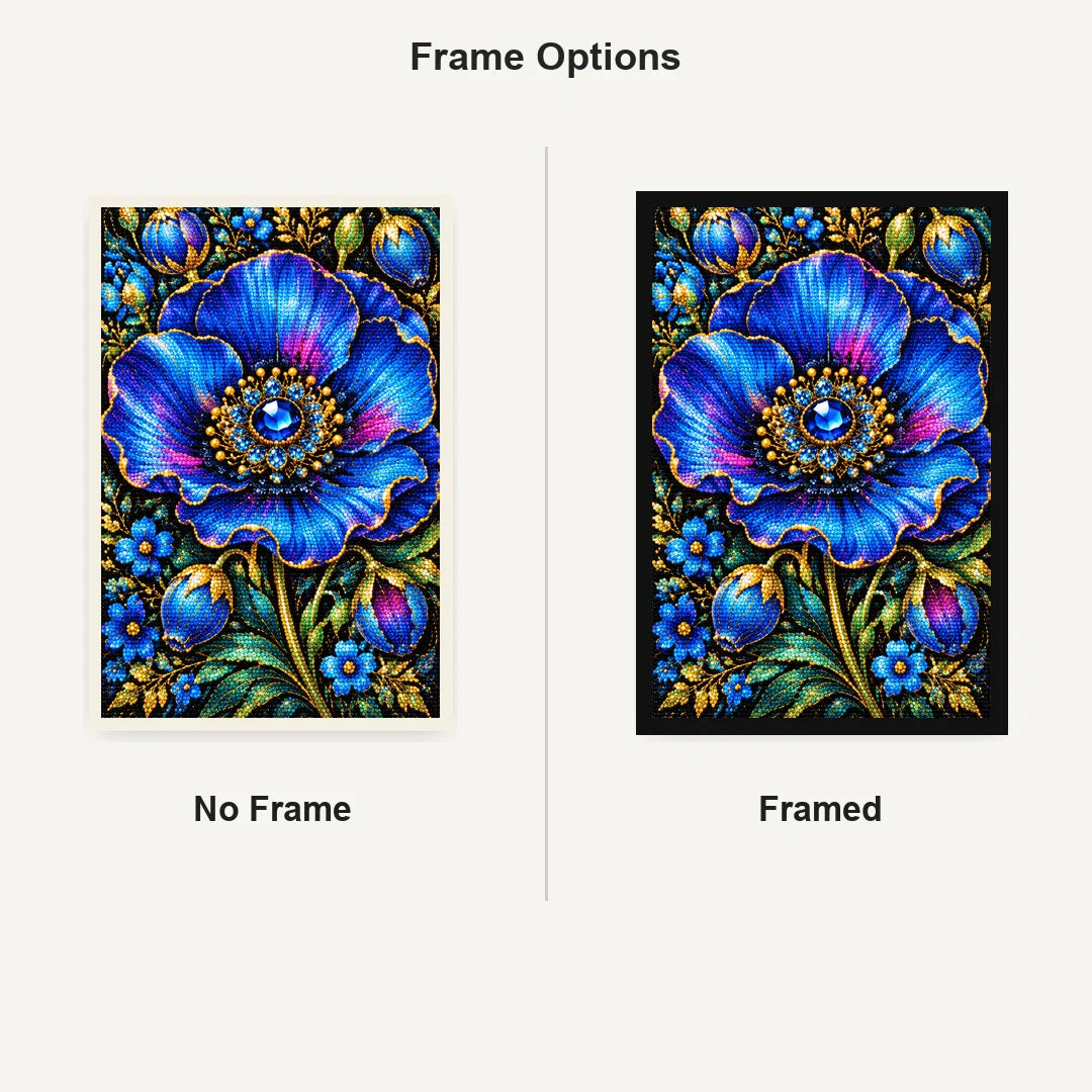 Royal Blue Poppy Bloom Diamond Painting Kit — No Frame and Framed comparison