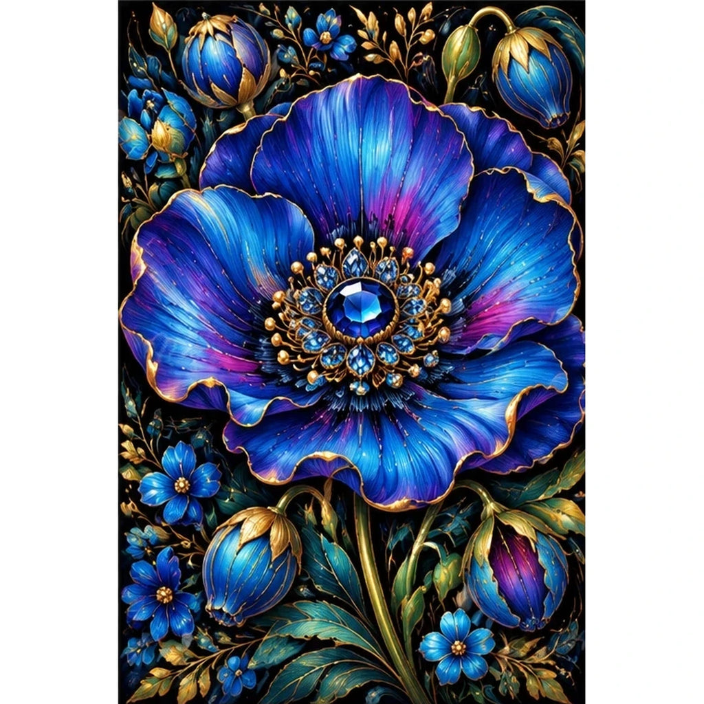 Royal Blue Poppy Bloom Diamond Painting Kit — original white-background artwork