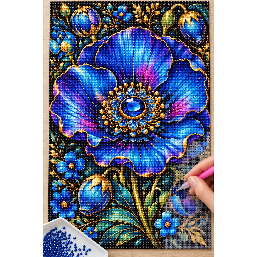 Royal Blue Poppy Bloom Diamond Painting Kit — Diamond painting process