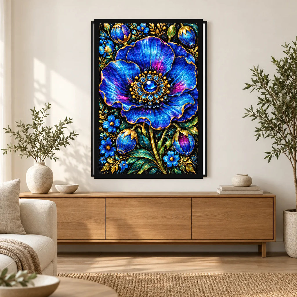 Royal Blue Poppy Bloom Diamond Painting Kit — Home decor scene