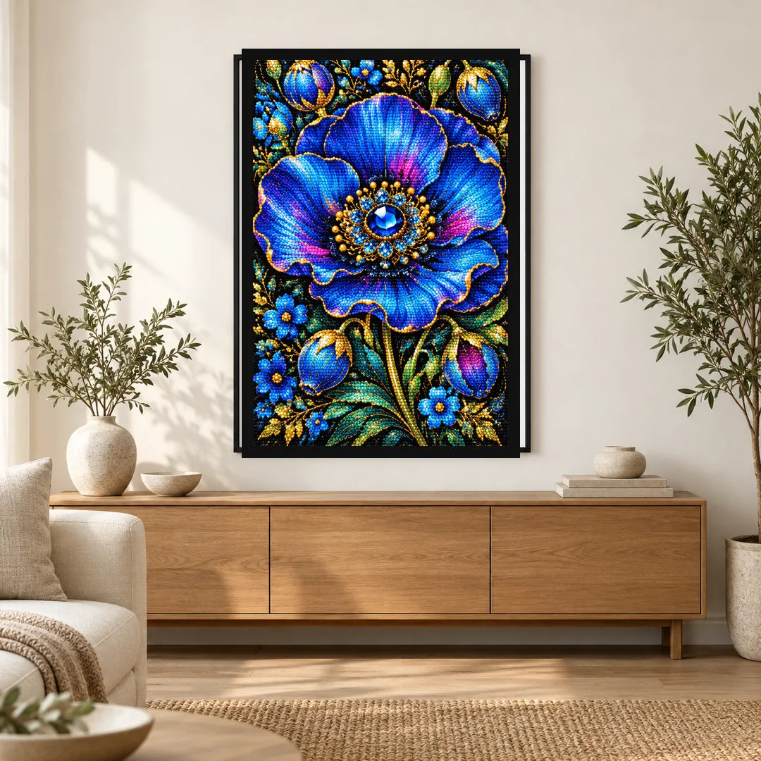 Royal Blue Poppy Bloom Diamond Painting Kit — Home decor scene