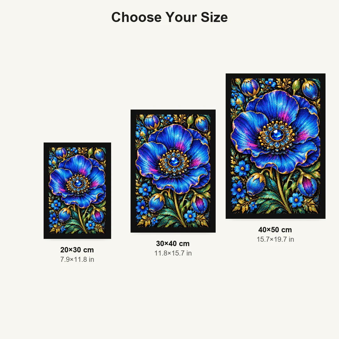 Royal Blue Poppy Bloom Diamond Painting Kit — Size guide