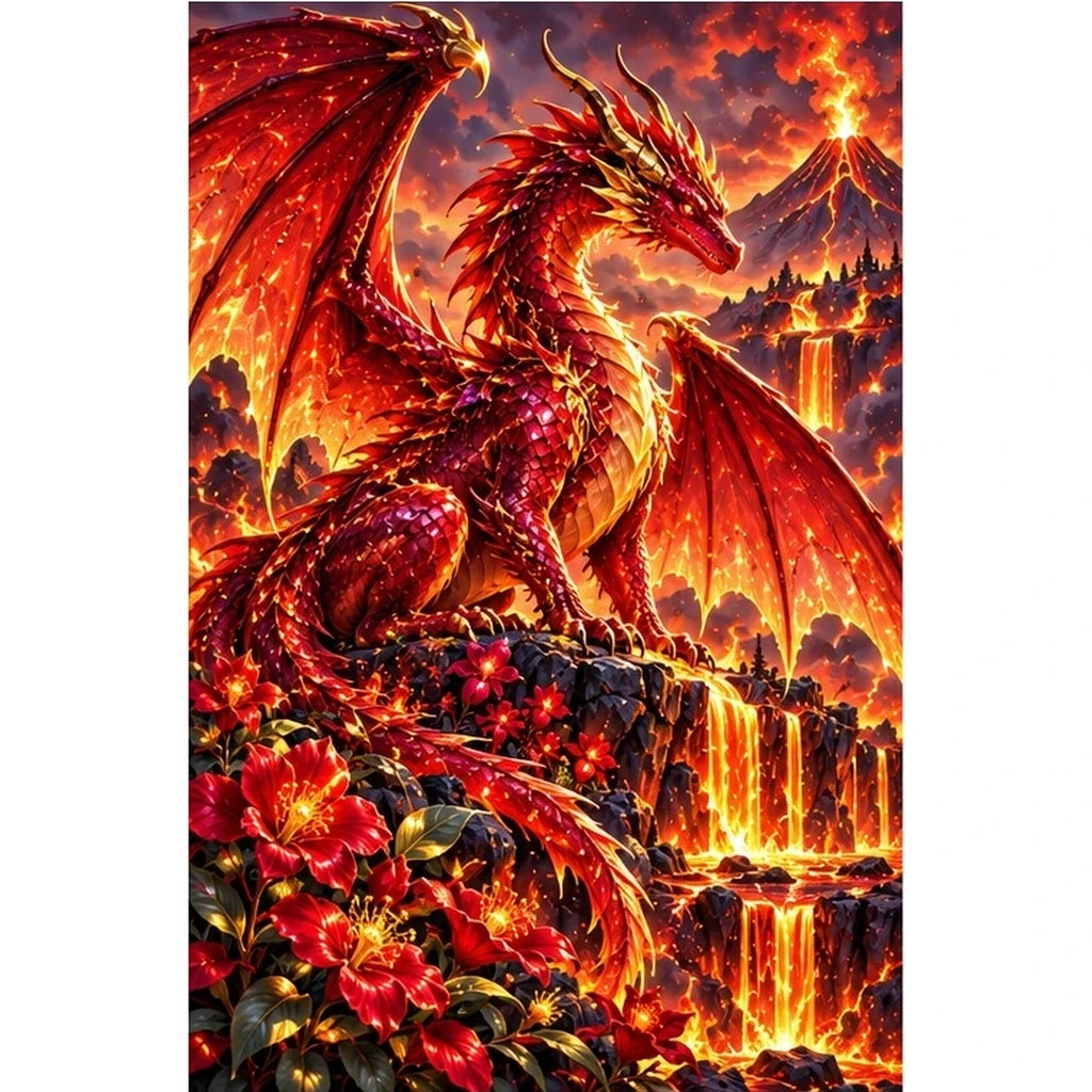 Ruby Fire Dragon Volcanic Flowers — original artwork on a clean white background