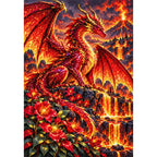 Ruby Fire Dragon Volcanic Flowers — finished diamond painting on a white background