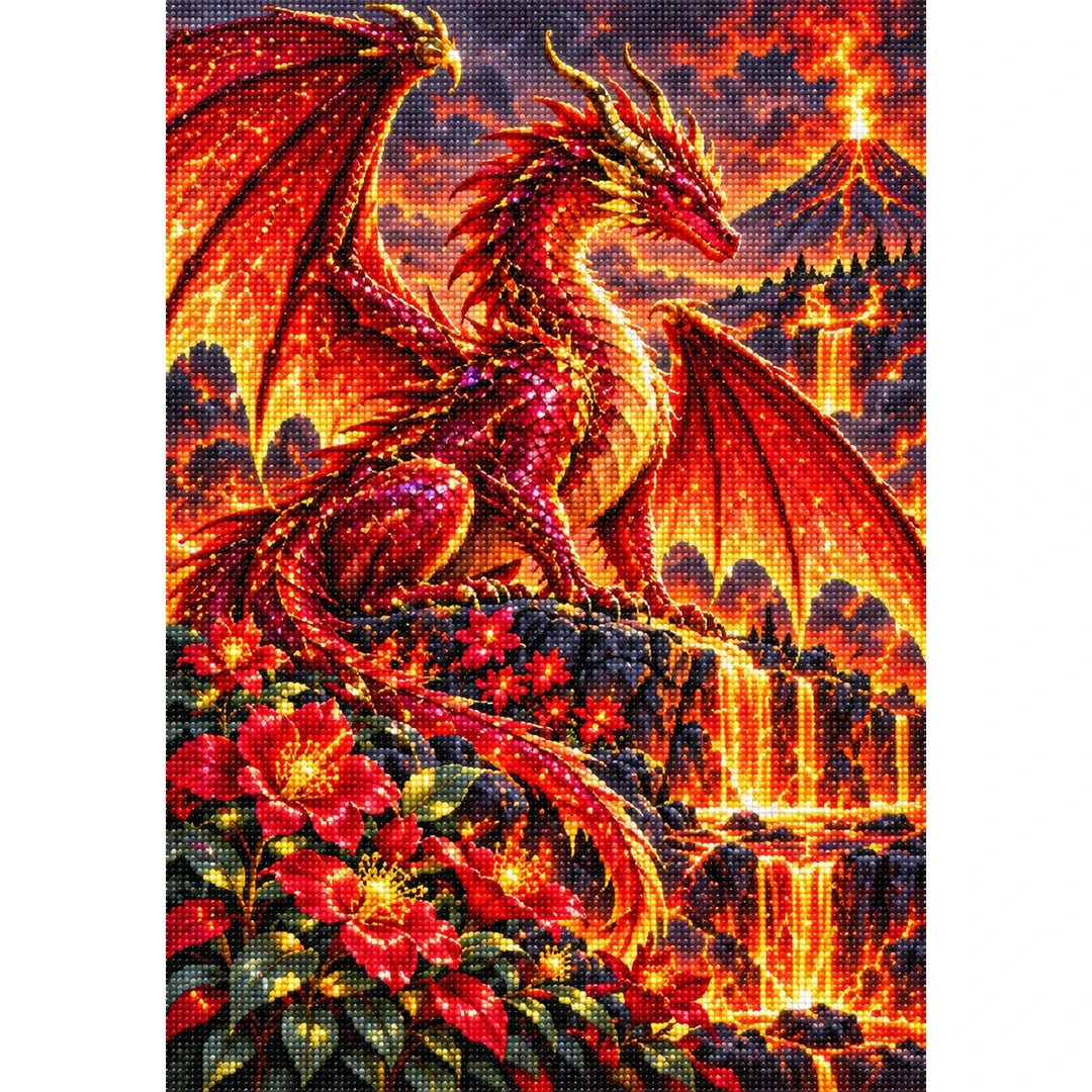 Ruby Fire Dragon Volcanic Flowers — finished diamond painting on a white background