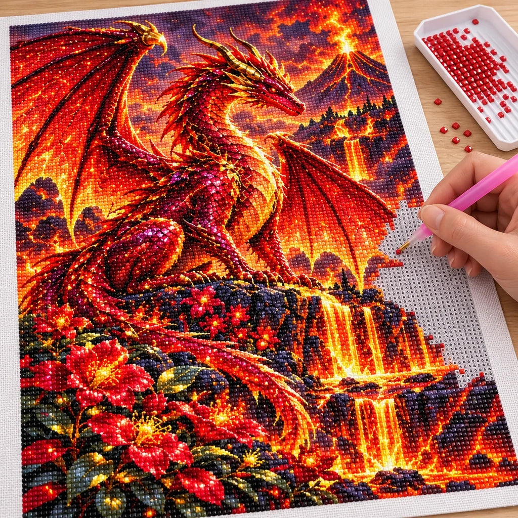 Ruby Fire Dragon Volcanic Flowers — diamond painting process with applicator pen