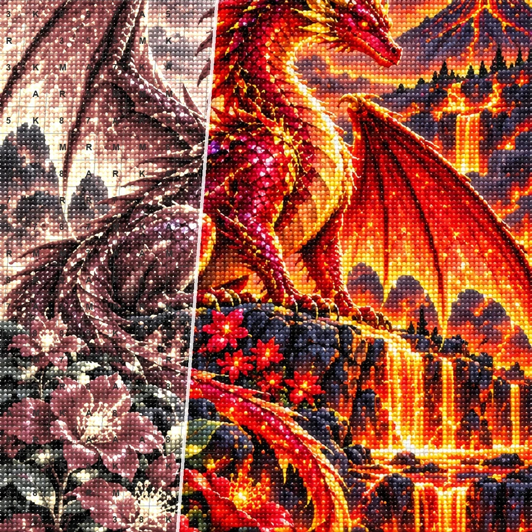Ruby Fire Dragon Volcanic Flowers — close-up canvas and resin drill detail