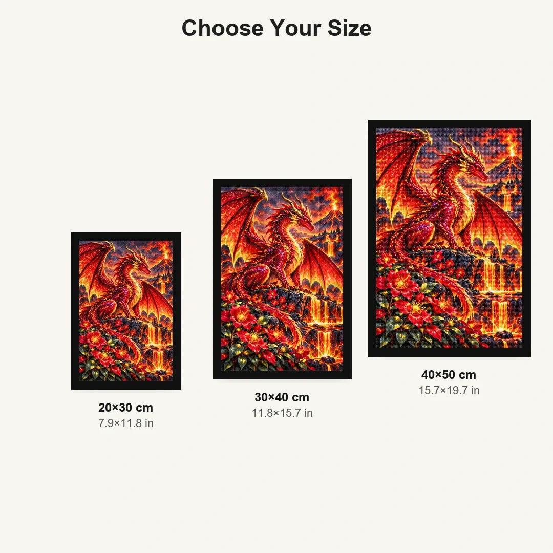Ruby Fire Dragon Volcanic Flowers — size comparison for 20 × 30, 30 × 40 and 40 × 50 cm