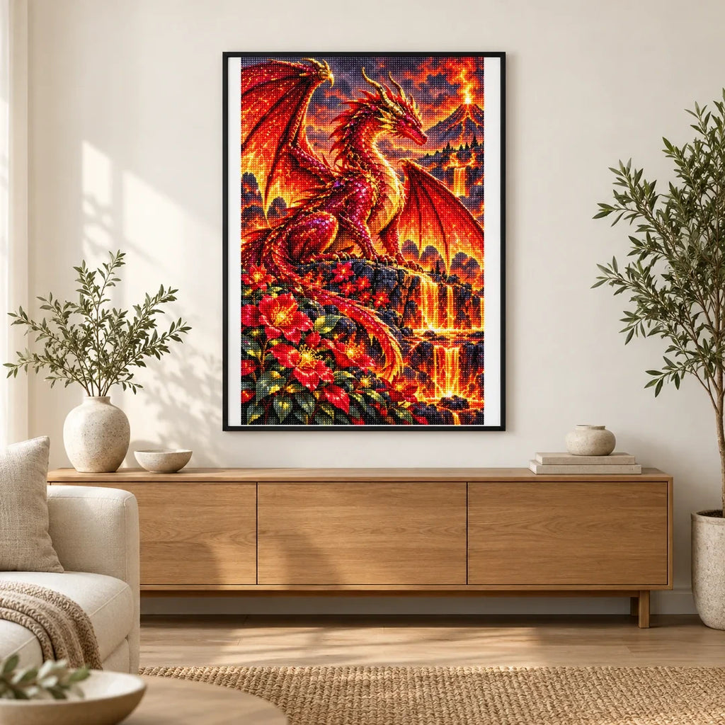 Ruby Fire Dragon Volcanic Flowers — finished diamond painting displayed in a home interior