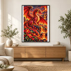Ruby Fire Dragon Volcanic Flowers — finished diamond painting displayed in a home interior