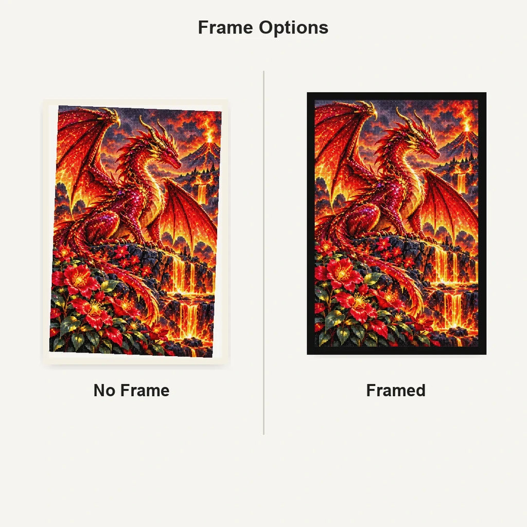 Ruby Fire Dragon Volcanic Flowers — No Frame and Framed style comparison