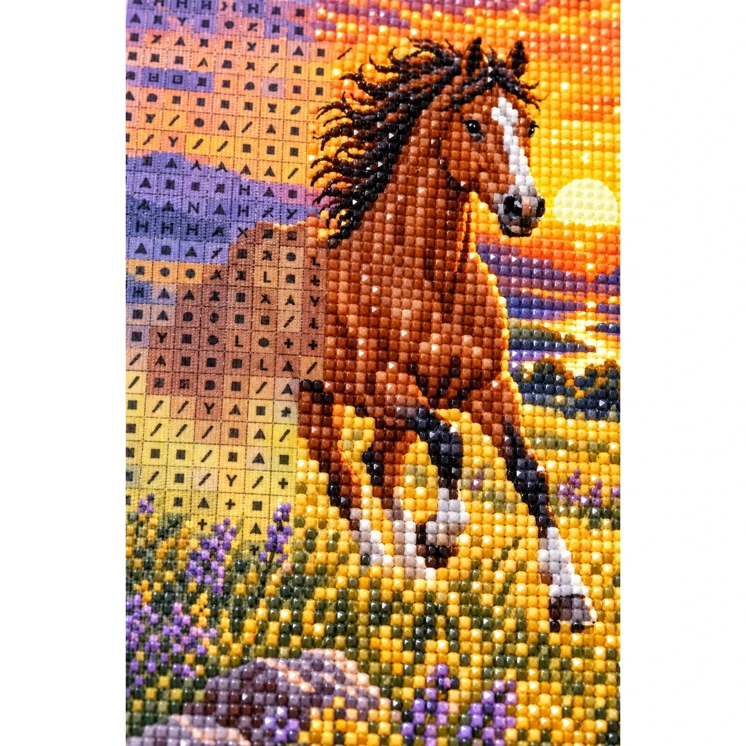 Running Horse Lavender Sunset Diamond Painting Kit diamond and canvas detail