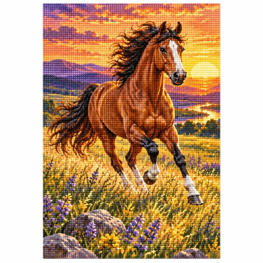 Running Horse Lavender Sunset Diamond Painting Kit finished diamond artwork on white background