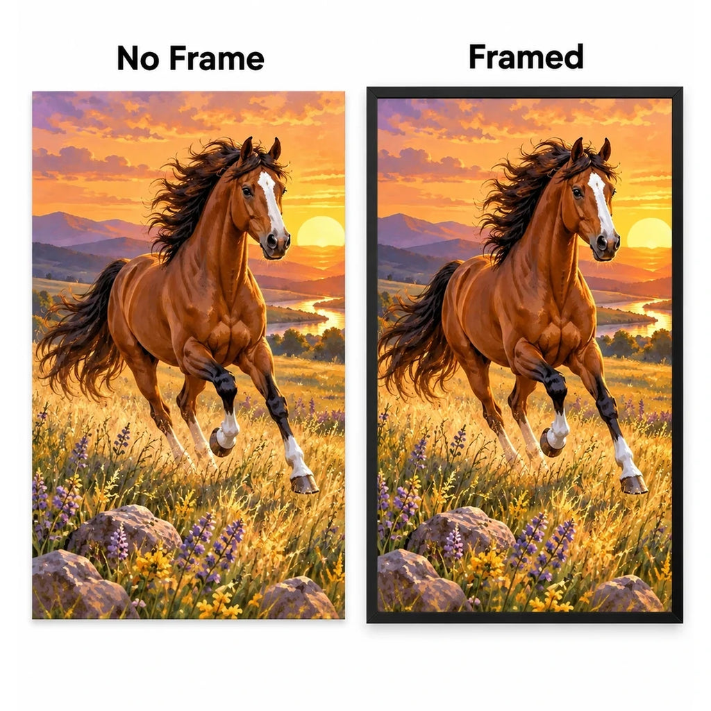 Running Horse Lavender Sunset Diamond Painting Kit No Frame and Framed comparison