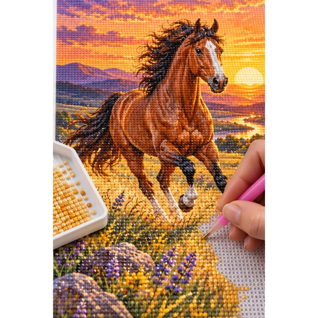 Running Horse Lavender Sunset Diamond Painting Kit diamond placement process