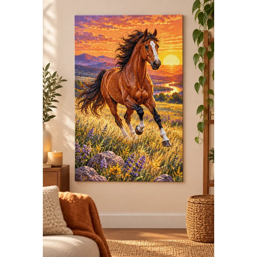 Running Horse Lavender Sunset Diamond Painting Kit home decor scene