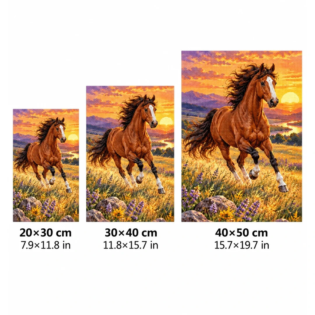 Running Horse Lavender Sunset Diamond Painting Kit size guide