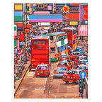 Original artwork showing a busy Kowloon street with red double-decker buses and dense city traffic.