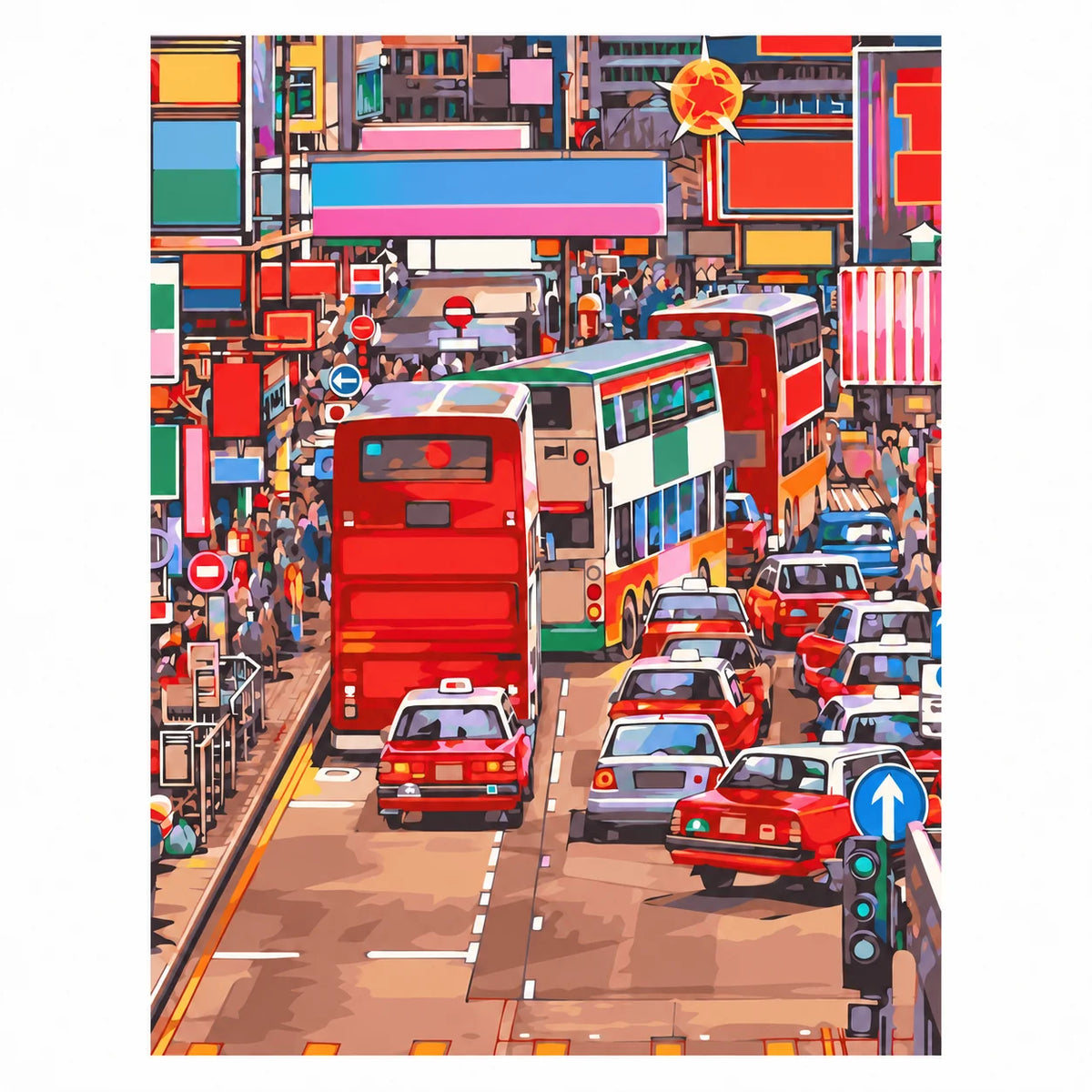 Original artwork showing a busy Kowloon street with red double-decker buses and dense city traffic.