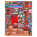 Finished diamond painting showing a busy Kowloon street with red double-decker buses and dense city traffic.