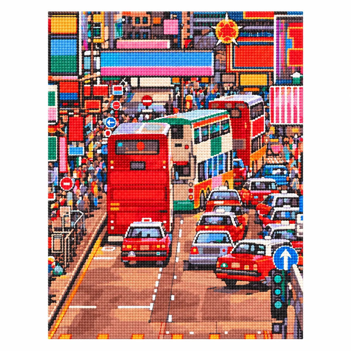 Finished diamond painting showing a busy Kowloon street with red double-decker buses and dense city traffic.