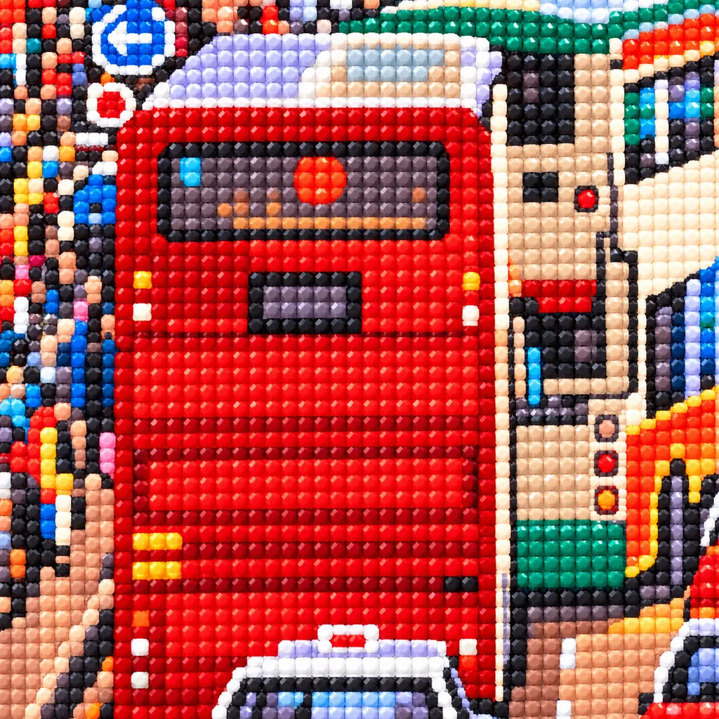 Close-up of diamond drills on artwork showing a busy Kowloon street with red double-decker buses and dense city traffic.