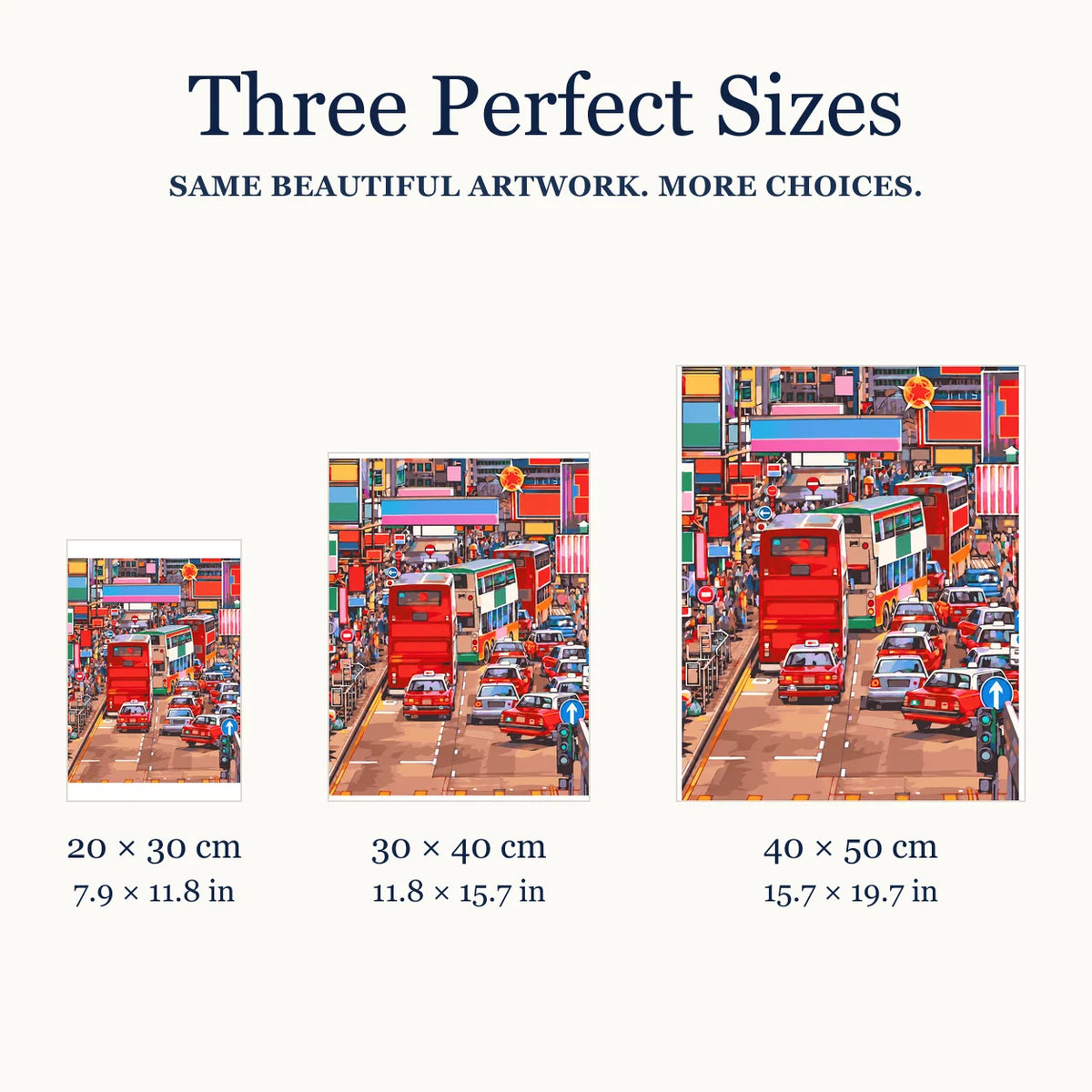 Size guide for Rush Hour in Kowloon Diamond Painting Kit: 20 × 30 cm, 30 × 40 cm, and 40 × 50 cm.