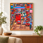 Home decor scene featuring a diamond painting of a busy Kowloon street with red double-decker buses and dense city traffic.