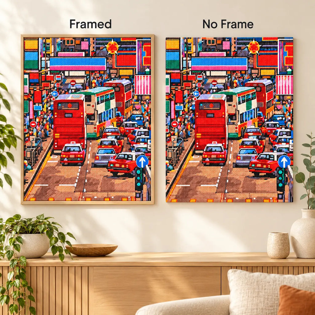 Framed and no-frame comparison for Rush Hour in Kowloon Diamond Painting Kit.