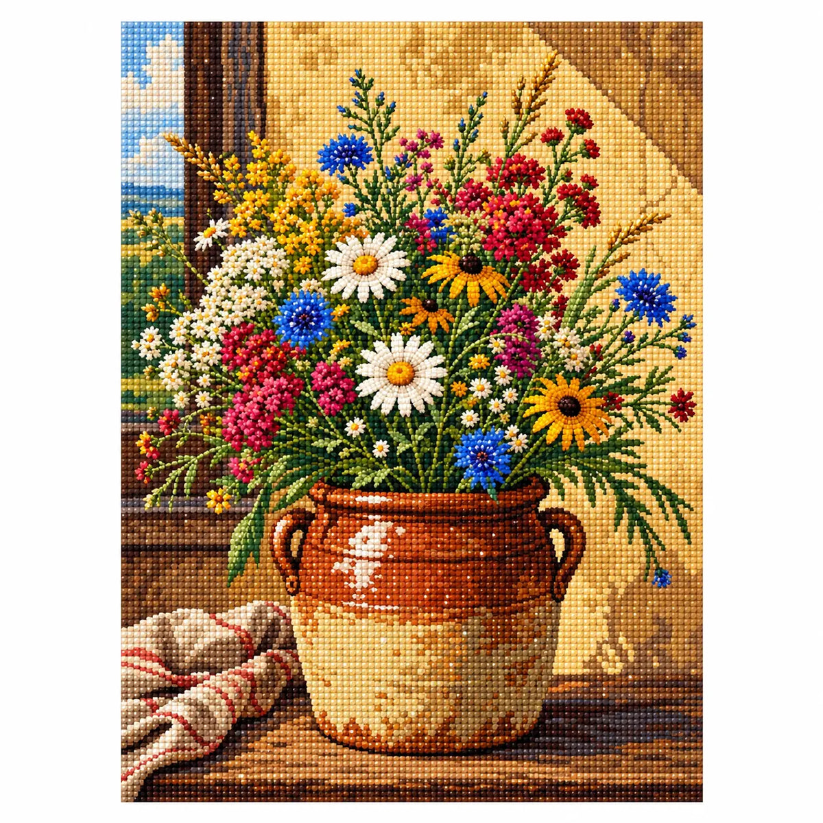 White-background finished diamond painting of Rustic Cottage Wildflowers