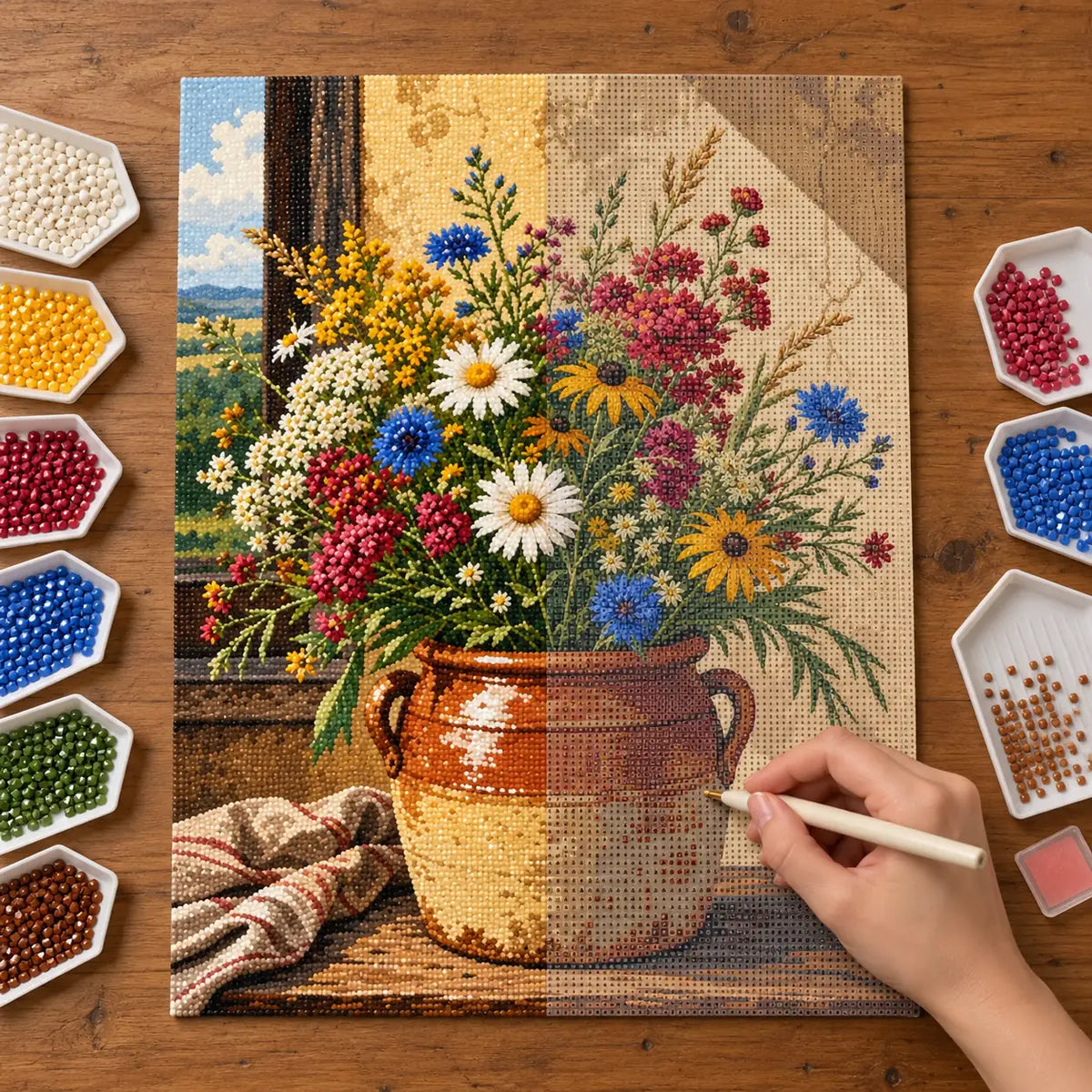 Diamond painting process for Rustic Cottage Wildflowers