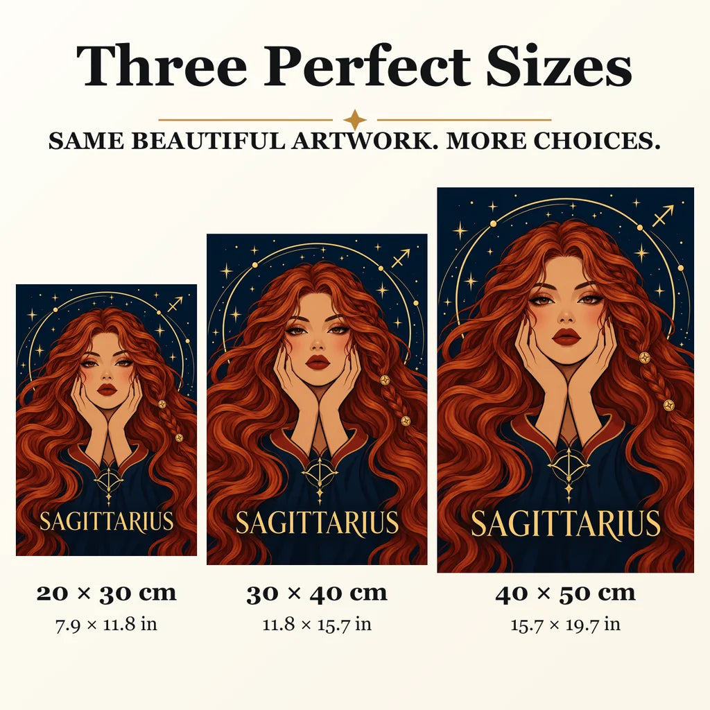 Sagittarius Archer Star diamond painting in 20 by 30, 30 by 40, and 40 by 50 centimeter sizes