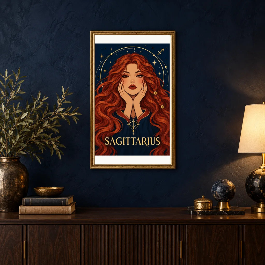 Framed Sagittarius Archer Star diamond painting displayed in a home interior