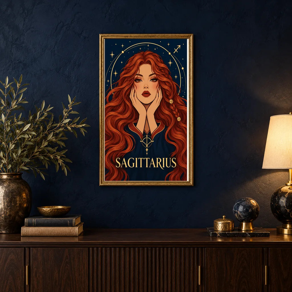 Framed Sagittarius Archer Star diamond painting displayed in a home interior