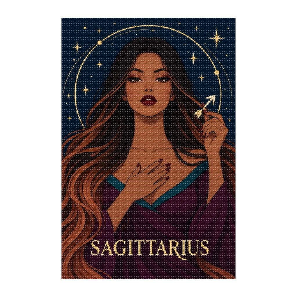 Finished white-background diamond painting of Sagittarius Arrow Star
