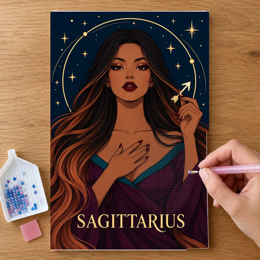 Hands placing drills on the Sagittarius Arrow Star diamond painting canvas