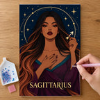 Hands placing drills on the Sagittarius Arrow Star diamond painting canvas