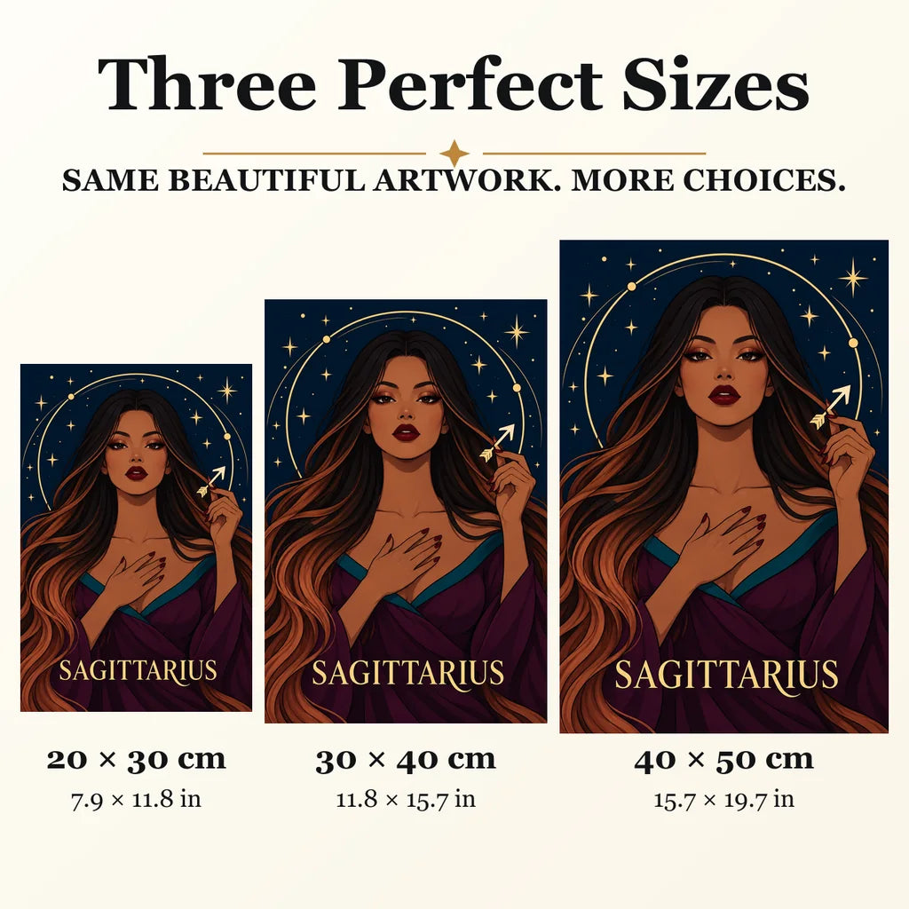Sagittarius Arrow Star diamond painting in 20 by 30, 30 by 40, and 40 by 50 centimeter sizes