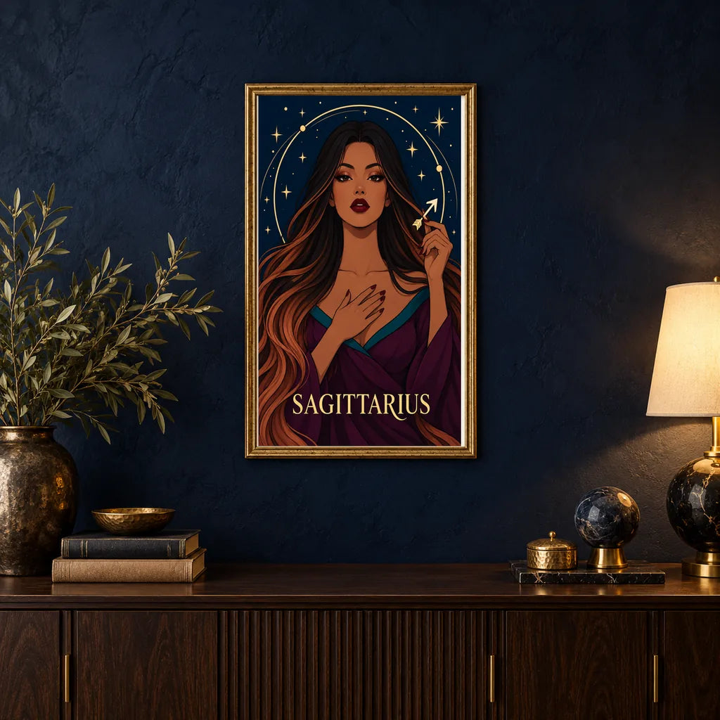 Framed Sagittarius Arrow Star diamond painting displayed in a home interior