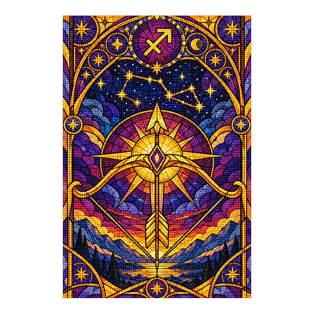 Finished Sagittarius stained glass arrow and star diamond painting with sparkling drills on a white background