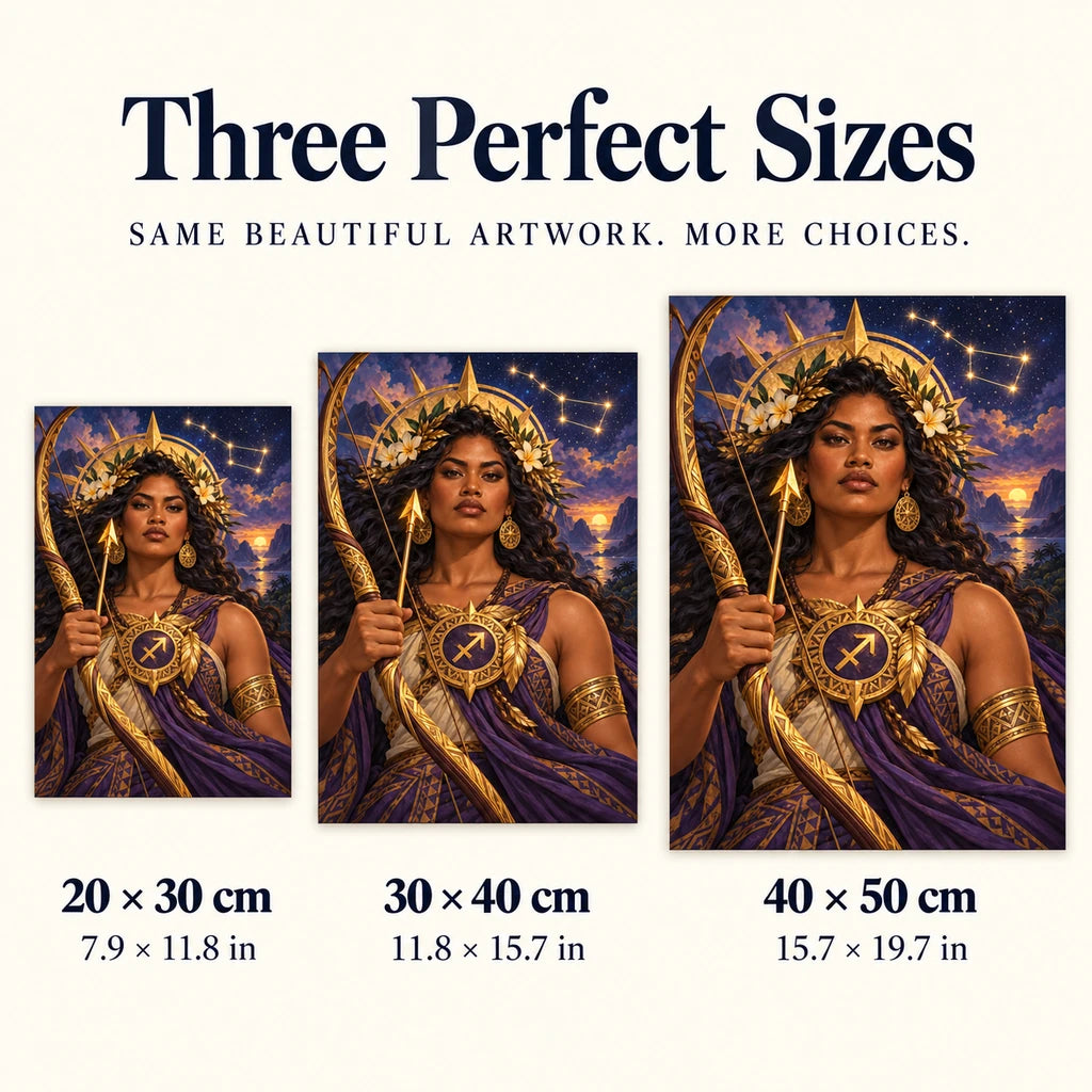 Size guide showing 20 × 30, 30 × 40, and 40 × 50 cm — star archer