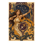 Sagittarius archer woman with drawn bow, lilies, and gold zodiac ornament in an Art Nouveau frame on a white background