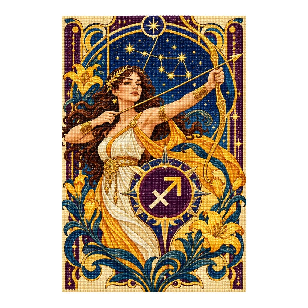 Finished Sagittarius archer woman diamond painting with sparkling drills on a white background
