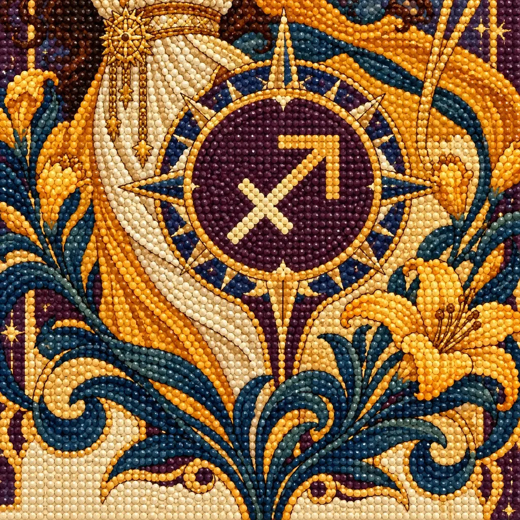 Close-up of diamond drills in the Sagittarius archer and zodiac emblem design