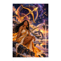 Original Sagittarius zodiac artwork showing an archer woman beneath a glowing bow and arrow constellation among celestial ruins.