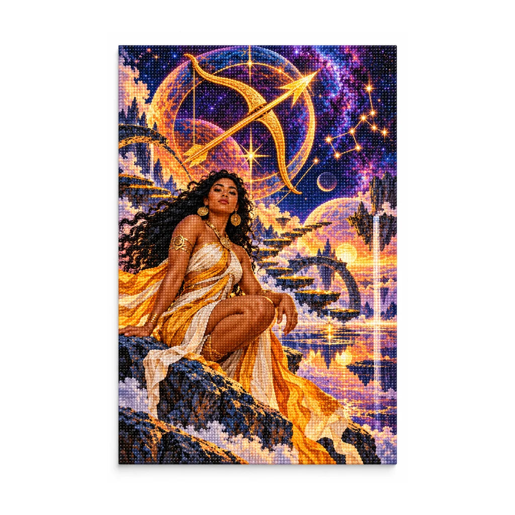 Diamond painting version of the Sagittarius celestial archer artwork on a white background.