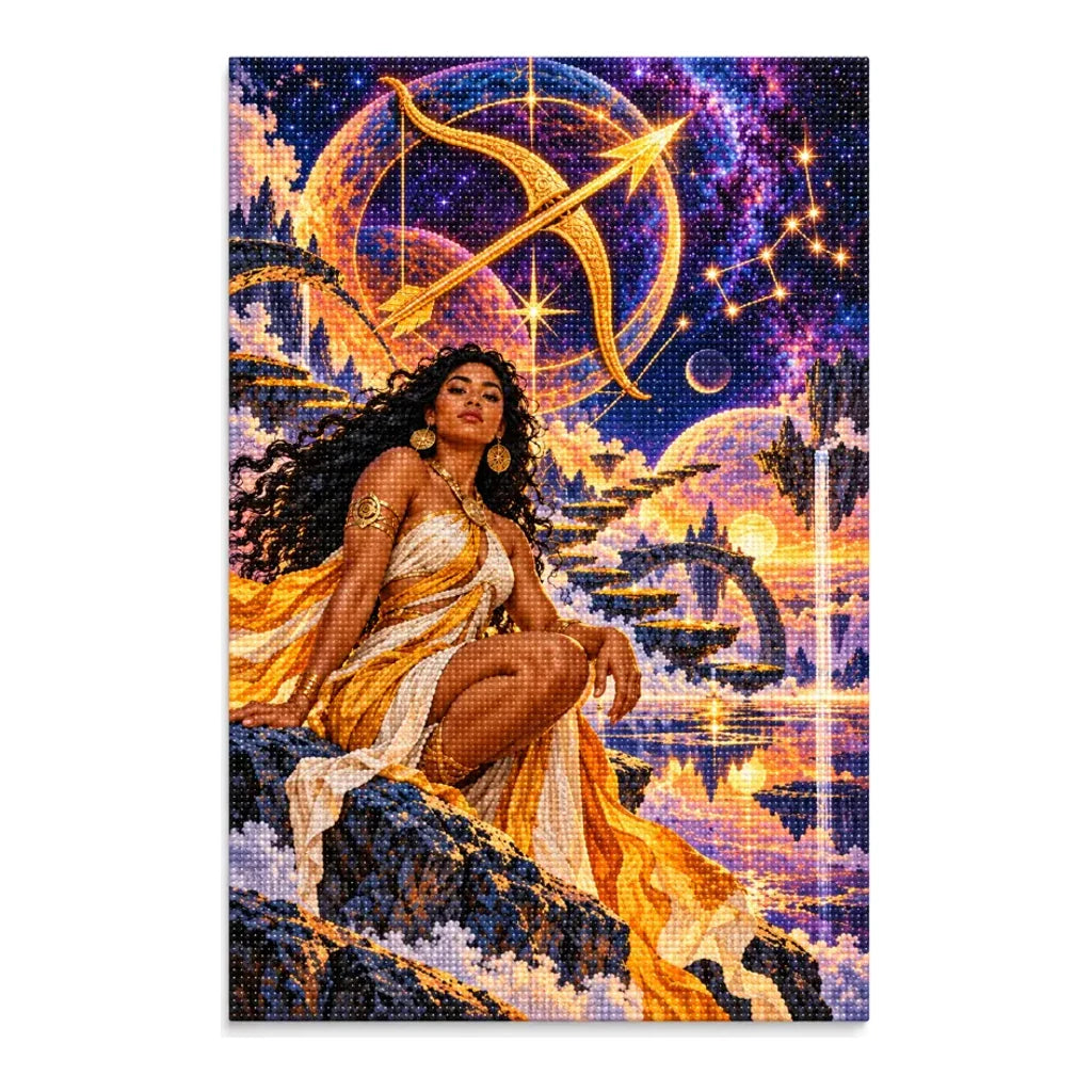 Diamond painting version of the Sagittarius celestial archer artwork on a white background.
